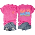 Detail of rose pink V-neck T-shirt with vintage IT'S A GOOD DAY back print graphics - Rose Red