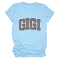 Détail de l'imprimé léopard GIGI sur un t-shirt bleu clair à col rond en mélange de coton - S / Bleu clair