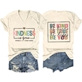 Detail of V-neck T-shirt with kindness typography and frayed hem denim shorts - S / Sand