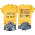 Yellow V-neck T-shirt with Be Kind print and distressed denim shorts set outfit - S / Yellow