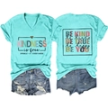 Front and back detail of V-neck turquoise T-shirt with kindness typography and denim shorts - S / Deep Water Blue