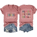 Front and back view of V-neck T-shirt with kindness typography and denim shorts - S / Rose Gold