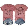 Detail view of red marl t-shirt featuring Gigi theme prints and denim shorts set - Rose Gold (Black Graphic)