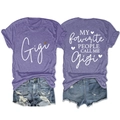 Front and back view of purple Gigi t-shirt with leopard heart and distressed denim shorts - Purple (White Graphic)