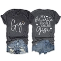 Front and back view of charcoal grey t-shirt with Gigi and My Favorite People text - Heather Grey (White Graphic)