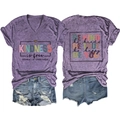 Detail of purple V-neck T-shirt showing BE KIND print and distressed denim shorts - S / Purple