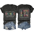 Detail of V-neck grey T-shirt with kindness slogan and distressed denim shorts - S / Black Heather Grey