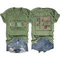 Front and back view of green V-neck t-shirt with slogan print and denim shorts set - S / Olive Green