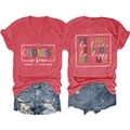 Detail view of V-neck T-shirt with 'KINDNESS is free' print and denim shorts set - S / Red
