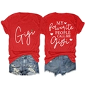 Front and back view of a red Gigi crew neck T-shirt with white graphic print text - Red (White Graphic)