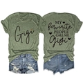 Front and back detail of Gigi slogan t-shirt with distressed denim shorts set - Olive Green (Black Graphic)