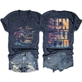 Flat lay of navy V-neck T-shirt with Sun Salt Sand print and distressed denim shorts - Navy Blue