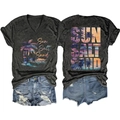 Front and back view of V-neck T-shirt with Sun Salt Sand palm tree print and denim shorts - Black Heather Grey