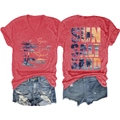 Flat lay of red Sun Salt Sand V-neck T-shirt with distressed denim shorts for summer - Red