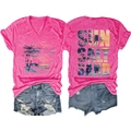 Detailed front and back view of hot pink Sun Salt Sand V-neck T-shirt with palm tree prints - Rose Red