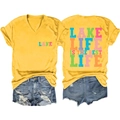 Set estivo da donna con maglietta gialla Lake Life e pantaloncini di jeans neri - S / Giallo