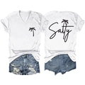 Detail view of white V-neck T-shirt with Salty text and coconut tree print on the back - White