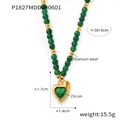 Bohemian titanium steel necklace with green beads and gold heart zircon pendant - Gold (P1827)