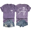 Flat lay of purple V-neck T-shirt with Salty palm tree print and ripped denim shorts - Purple (White Font)