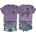 Detail of salty coconut tree print on purple V-neck T-shirt with distressed denim shorts - Purple (Black Font)