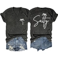 Women's charcoal V-neck T-shirt with Salty palm tree print and distressed denim shorts - Black Heather Grey