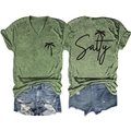 Front and back detail of V-neck T-shirt with Salty text and palm tree print - Olive Green (Black Graphic)
