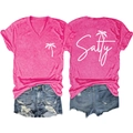 Detail of pink V-neck Salty palm tree print T-shirt and ripped denim shorts set - Rose Red