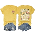Detail of floral print and Motherhood Is Kingdom text on yellow T-shirt and denim shorts - S / Yellow