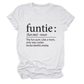 Detailed close-up of 'funtie' noun definition print on a white crew neck cotton T-shirt - White (Black Font)