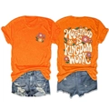 Detailed front and back view of orange t-shirt with motherhood kingdom floral graphics - S / Orange