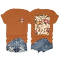 Detailed back view of burnt orange t-shirt showing Motherhood is Kingdom art and flowers - S / Burnt Orange