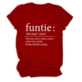 Detailed view of the 'funtie' noun definition print on a deep red crew neck cotton T-shirt - Red (White Font)