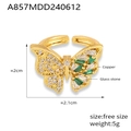 Eleganter Schmetterlingsring mit 18 Karat Vergoldung und grünen Glassteinen verziert - Einstellbar (Größe 7) / Gold