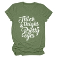 Detail of Thick Thighs & Pretty Eyes slogan print on olive green cotton crew neck t-shirt - S / Olive Green