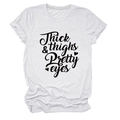 Detailed view of white cotton T-shirt featuring Thick & Thighs Pretty Eyes script print - S / White