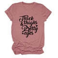 Detail of pink cotton T-shirt featuring black 'Thick thighs Pretty eyes' script print - S / Rose Gold