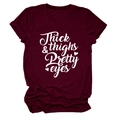 Detail shot of maroon t-shirt featuring thick thighs pretty eyes artistic script print - S / Burgundy