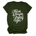 Detail of Thick & Thighs Pretty Eyes white script print on dark green cotton t-shirt - S / Army Green