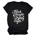 Detail of Thick Thighs Pretty Eyes lettering on black short sleeve cotton t-shirt - S / Black