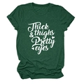 Detail of Thick & Thighs Pretty Eyes lettering on a dark green cotton blend t-shirt - S / Vintage Green