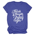 Detail of blue crew neck T-shirt featuring Thick & Thighs Pretty Eyes white printed text - S / Vintage Blue