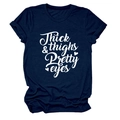 Detail of Thick Thighs Pretty Eyes script print on a navy blue cotton crewneck T-shirt - S / Navy Blue