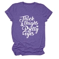 Detail view of heather purple t-shirt featuring Thick & thighs Pretty eyes cursive print - S / Purple