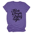 Detail of Thick Thighs Pretty Eyes slogan print on purple crew neck short sleeve T-shirt - S / Purple