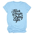 Light blue crew neck t-shirt with Thick & Thighs Pretty Eyes print and folded sleeves - S / Light Blue