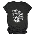 Close-up of Thick & Thighs Pretty Eyes white typography on charcoal grey cotton t-shirt - S / Black Heather Grey