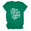 Detail of dark green cotton T-shirt featuring white Thick Thighs & Pretty Eyes print - S / Dark Green