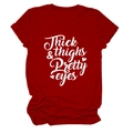 Detail view of burgundy cotton T-shirt featuring Thick & Thighs white letter print - S / Red