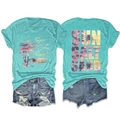 Vue avant et arrière du t-shirt Sun Salt Sand avec un short en jean vintage - Bleu Eau Profonde