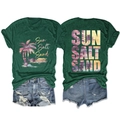 Vue détaillée du dos du t-shirt Sun Salt Sand avec grand imprimé graphique de coucher de soleil - Vert Vintage
